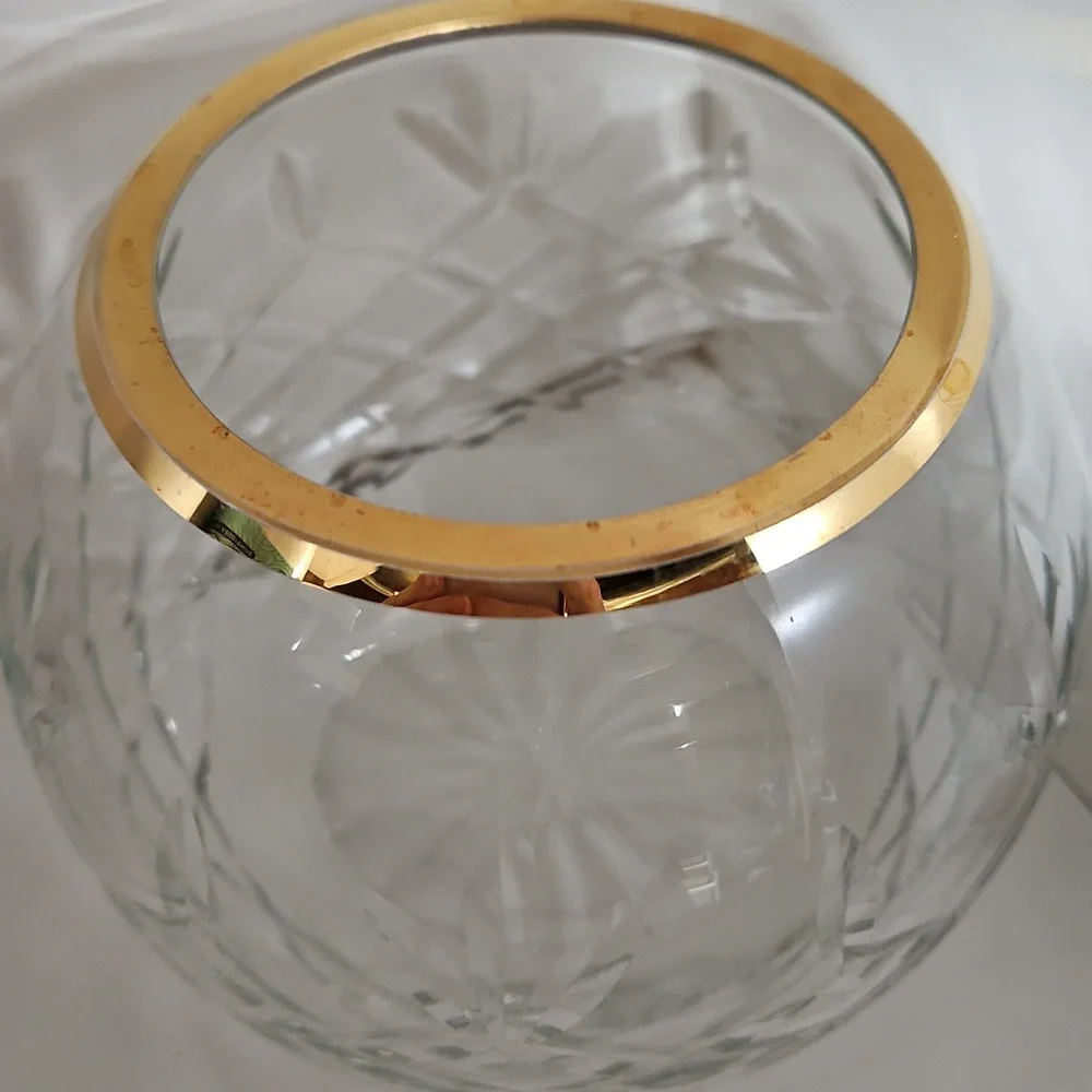 Vintage Hand-Cut Crystal Rose Bowl Vase with Gold Rim